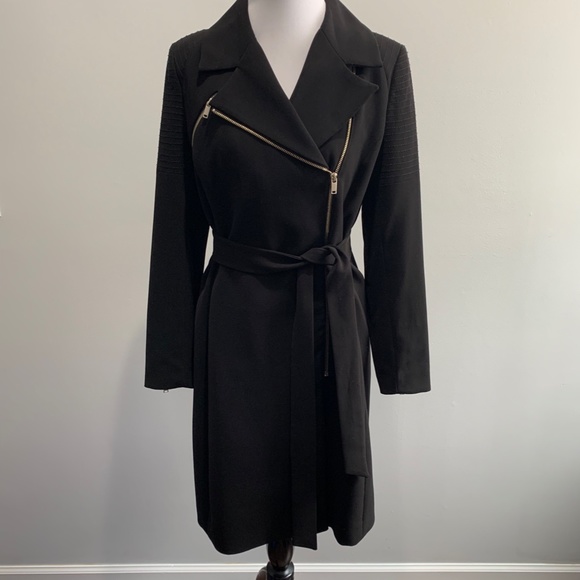 H&M black zip belted long jacket coat Trench SZ 8 Med M overcoat sash tie Moto - Picture 13 of 16